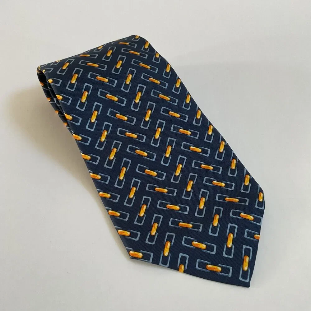 VTG Gucci Silk Tie Chain Link Geometric Navy Blue Orange Italy Luxury Classic